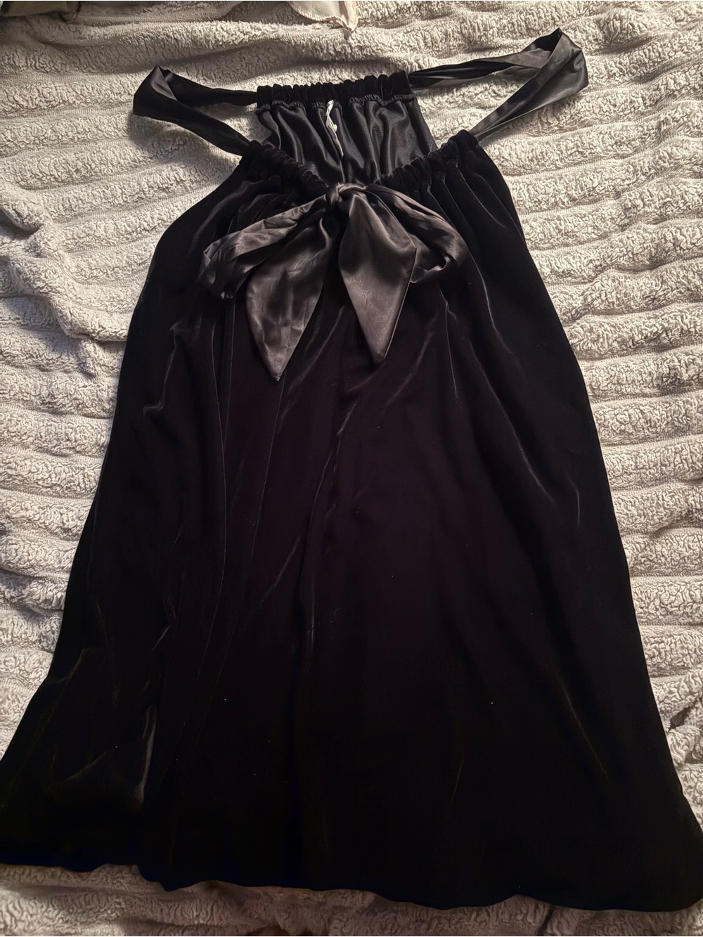Black Velvet Midi Dress with Satin Tie-Back Bow